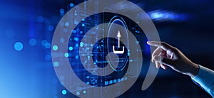 Hand Touching Upload Icon on Digital Interface