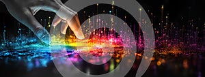 Hand touching vibrant digital rainbow AI data streams with glowing light particles against a dark background. Concept of