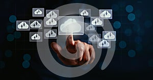 Hand Touching virtual cloud computing selective to download and loading data information and upload on system network application