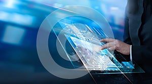 Hand touching virtual interface customer, innovative technology