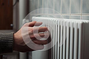 A hand touching white radiator of a central heating system, checking the temperature of a heater, warm and cozy home