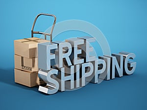 Hand transport truck and free shipping text. 3D illustration