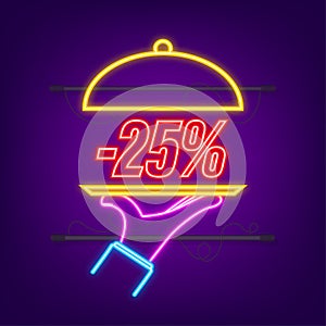 Hand tray - 25 percent discount, great design for any purposes. Neon style. Vector background. Isolated object.