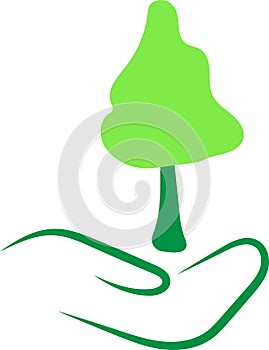 Hand with tree isolated on white background. Recycle sign for ecological zero waste design. Hand drawn vector eco icon