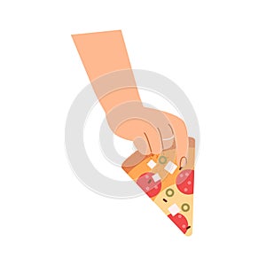 Hand with triangle pizza slice. Fingers holding, taking Italian fast food piece, snack with pepperoni sausage, cheese