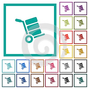 Hand truck with boxes flat color icons with quadrant frames