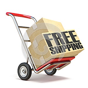 Hand truck with boxes and FREE SHIPPING text 3D