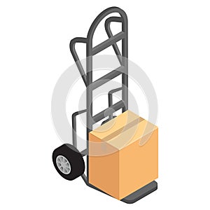 Hand truck with brown cardboard box vector. Package delivery