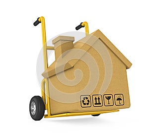 Hand Truck with Cardboard Box House Isolated Moving House Concept