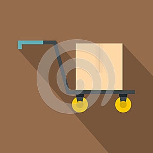 Hand truck with cardboard box icon, flat style