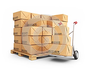 Hand truck with cardboard boxes. 3D Icon isolated