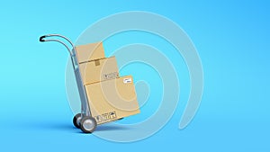 Hand truck with cardboard boxes. Moving house concept. Relocation, cargo delivery, logistics and distribution.