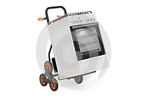 Hand truck with gas stove. Appliance delivery concept. 3D rendering