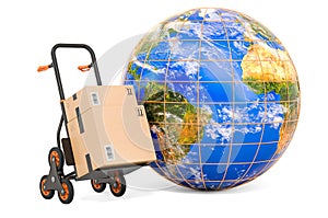 Hand truck with parcel and Earth Globe. Global shipping and delivery concept, 3D rendering