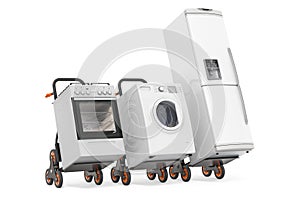 Hand trucks with fridge, washing machine and gas stove. Delivery of household kitchen appliances concept. 3D rendering