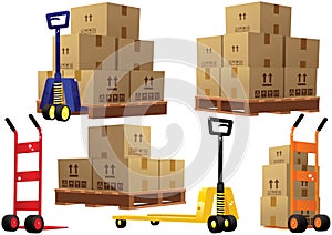 Hand trucks pallets and boxes