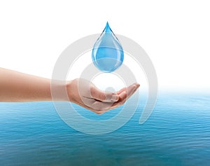 Hand try to holding water drop  on white background dropping. saving water concept. 3D illustration