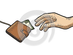 Hand is trying to grab wallet on rope color sketch