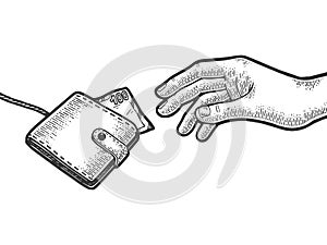 Hand is trying to grab wallet on rope sketch