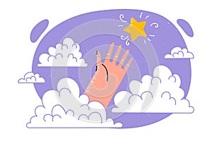 Hand is trying to reach star located in sky among clouds, for concept of striving for success