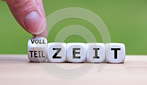 Hand is turning a dice and changes the German word `VOLLZEIT` to `TEILZEIT`.