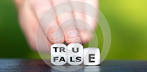 Hand turns dice and changes the word `false` to `true`.