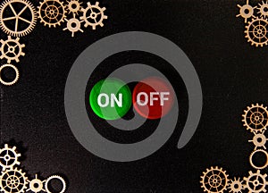 Hand turns a dice and changes the word off to on.