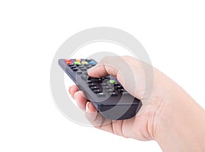 Hand with tv remote control isolated on white