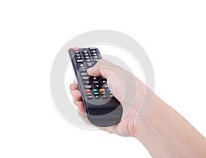 Hand with tv remote control isolated on white
