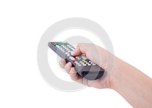 Hand with tv remote control isolated on white