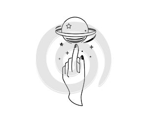 Hand twists galaxy space at the finger. Vector illustration in simple flat line style