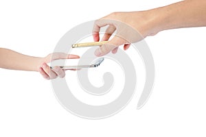 Hand of two Asian people are hold smartphone close to each other for Transmit via smartphone  on white background