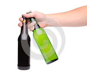Hand with two bottle of beer on a white background