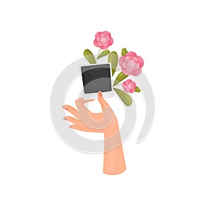 Hand with two fingers is holding a photo card poloroid. Vector illustration on white background.