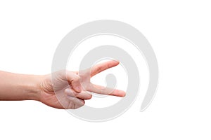 Hand with two fingers up in the peace or victory symbol. Also the sign for the letter V in sign language isolated on white backgro