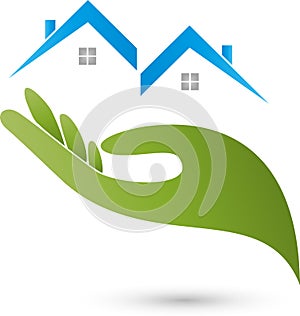 Hand and two houses, roofs, real estate and house care logo