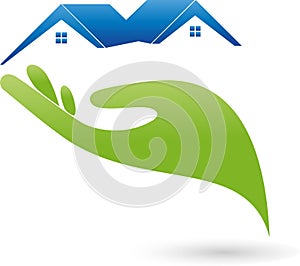 Hand and two houses, roofs, real estate logo