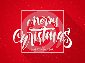 Hand type lettering of Merry Christmas and Happy New Year on red background
