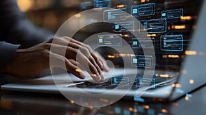 Typing on Laptop with Digital Interface Showing Data and Information Flow