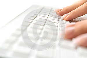 Hand typing. Hand typing on desktop office computer keyboard. Woman using laptop. Female online work female. Writing