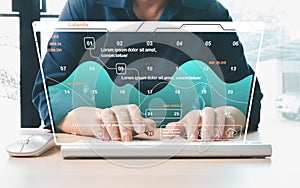 Hand typing laptop futuristic digital dashboard displaying data points analytics charts interface elements representing data