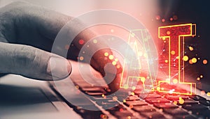 Hand typing on laptop keyboard with glowing AI text and digital elements, concept of artificial intelligence technology