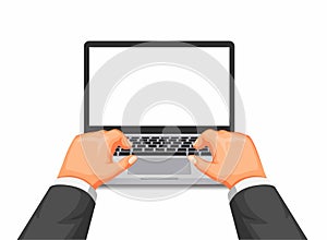 Hand typing on laptop, working or study using computer symbol concept in cartoon illustration vector