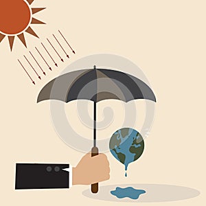 Hand with umbrella protect the Earth from sunray