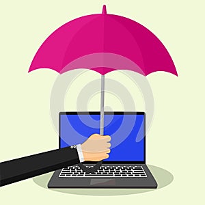 Hand with umbrella protect the laptop with data .Data protection concept. vector illustration