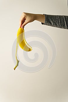 Hand of unknown caucasian woman holding banana peel in front of white wall - copy space concept of ending and finish trash ready