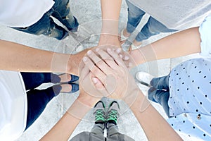 hand up of people working assemble corporate meeting show symbol Join forces teamwork quality and effective personnel Concept