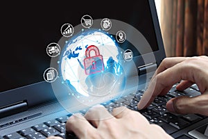 Hand use laptop computer with padlock icon