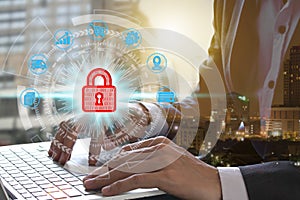 Hand use laptop computer with padlock icon