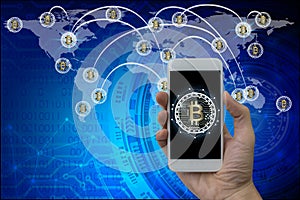 Hand use smartphone bitcoin and blockchain network connection, S